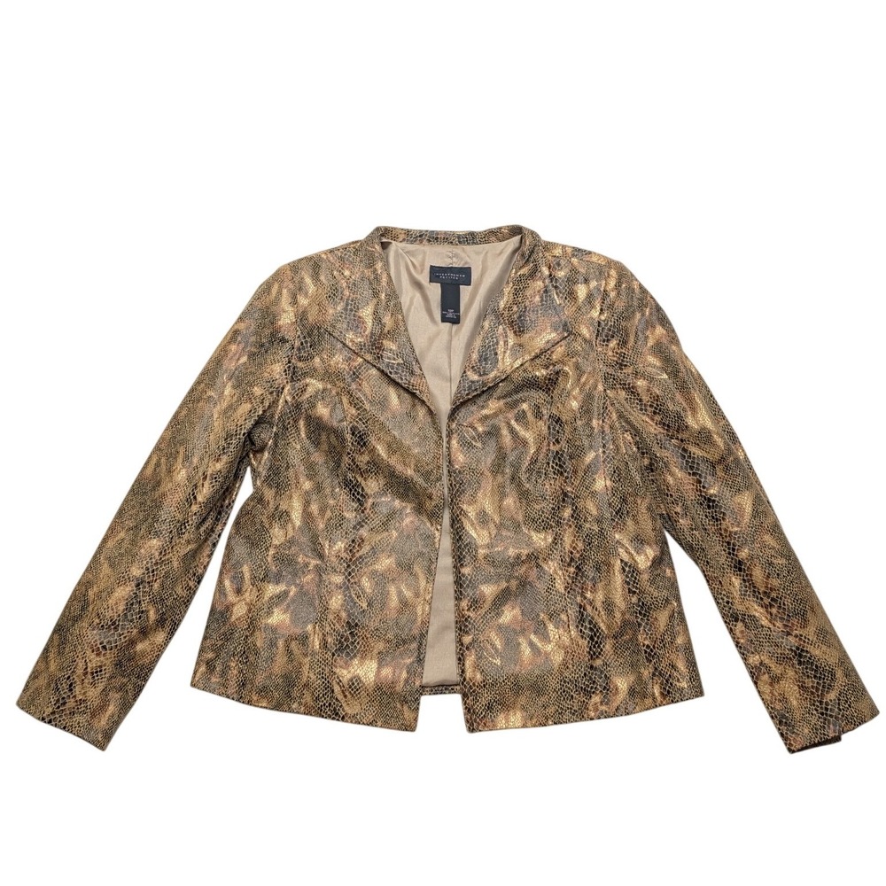 Investments Petites Blazer Womens 12P Gold Metallic Snakeskin Open Front Jacket